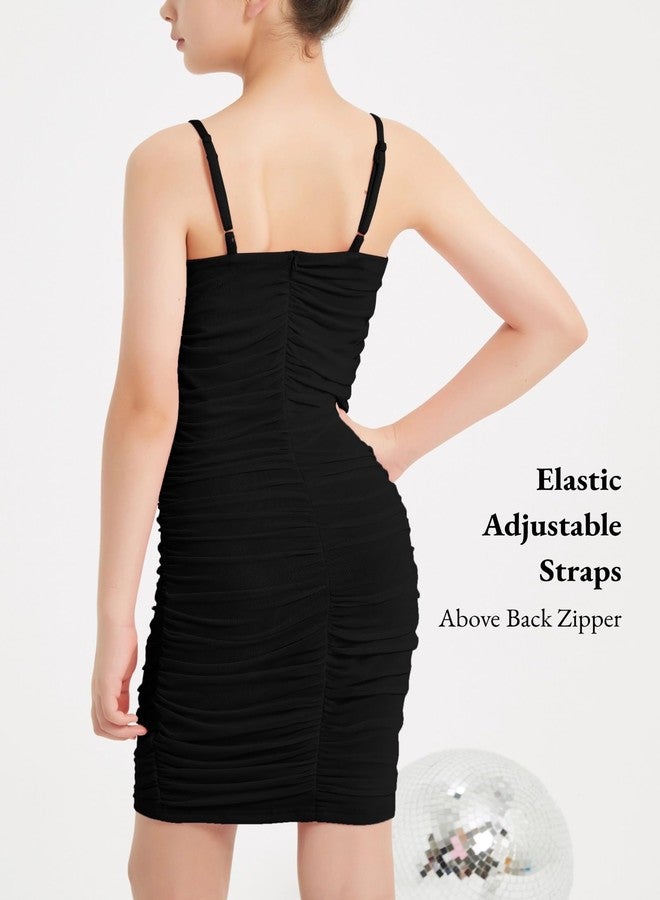 EXARUS فستان قصير ضيق من إكساروس للبنات، مناسب لحفلات الرقص المدرسية الرسمية، بتصميم ضيق من قماش شبكي مكشكش وحمالات رفيعة، باللون الأسود، مقاس 10 سنوات. - Image 4